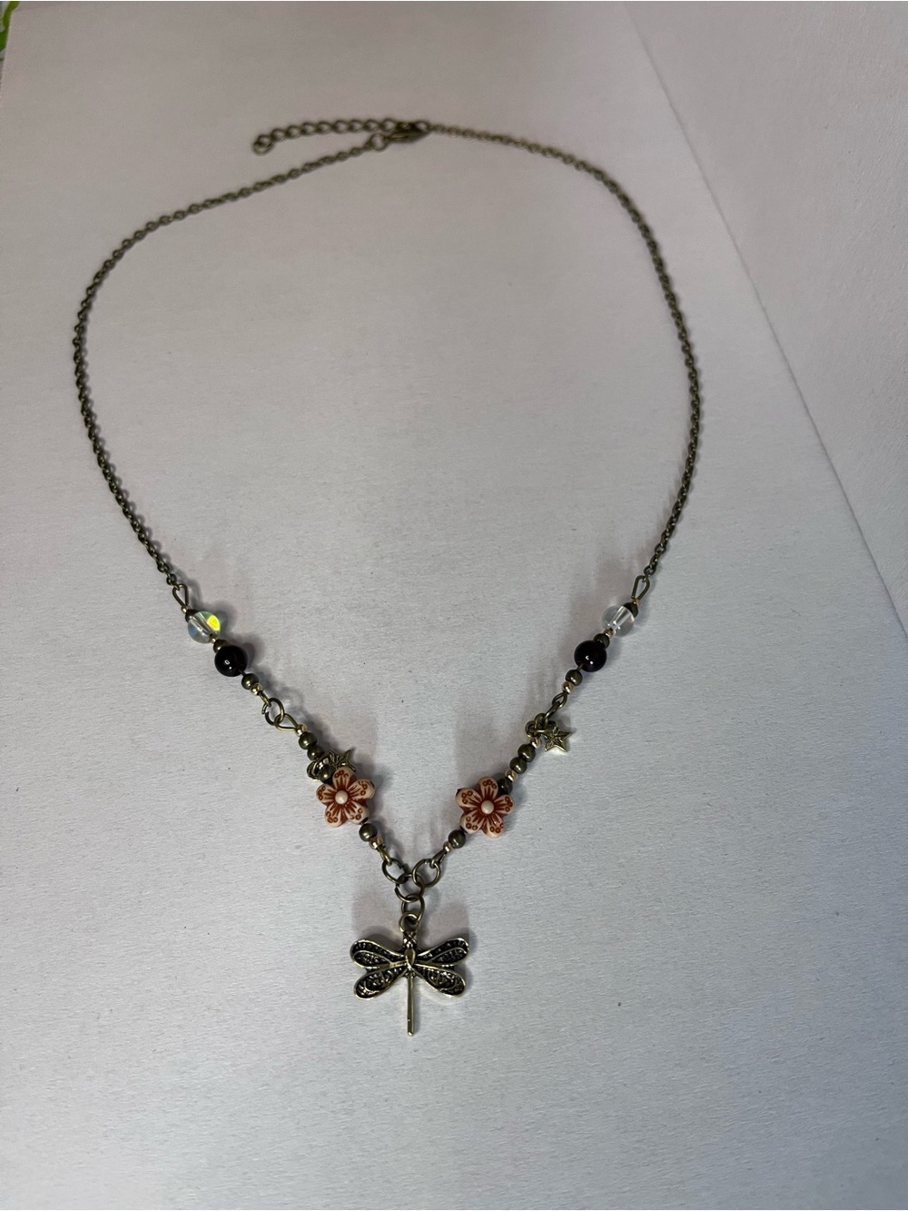 Antique Gold Dragonfly Necklace with Pink Floral Accents